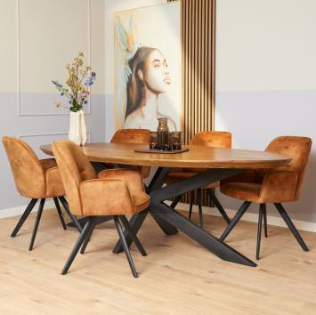 combideal mango eettafel 210 cm met 6 goudkleurige stoelen